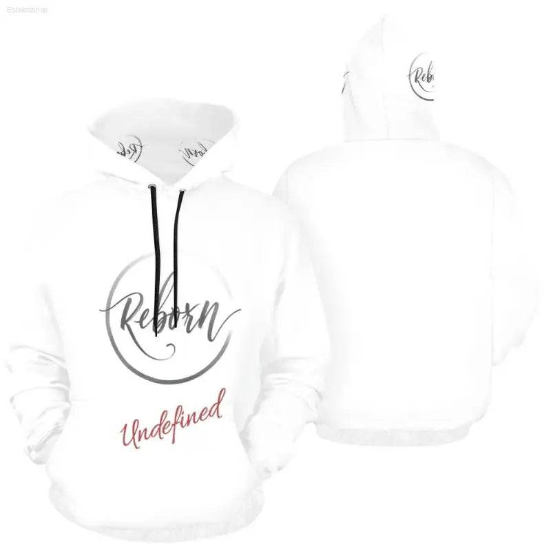 White hoodie with ’Reborn’ and ’Undefined’ text.