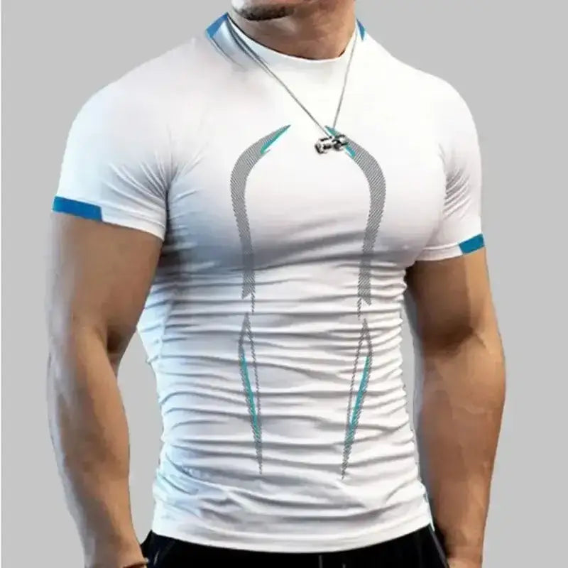 White athletic shirt with navy blue accents, perfect for XXL 75-80kg compression shirt men