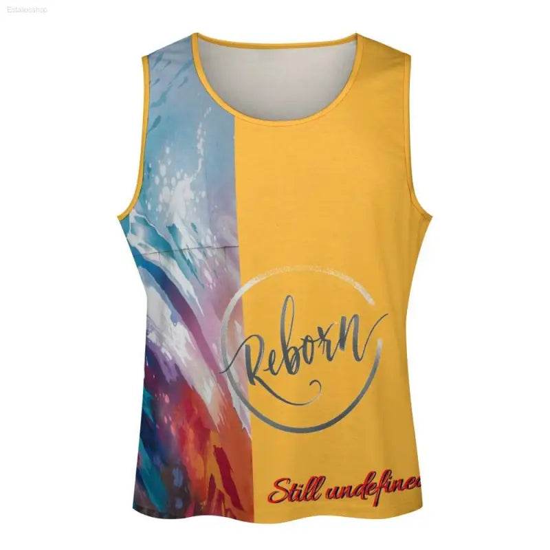 Sleeveless yellow and multicolored shirt.