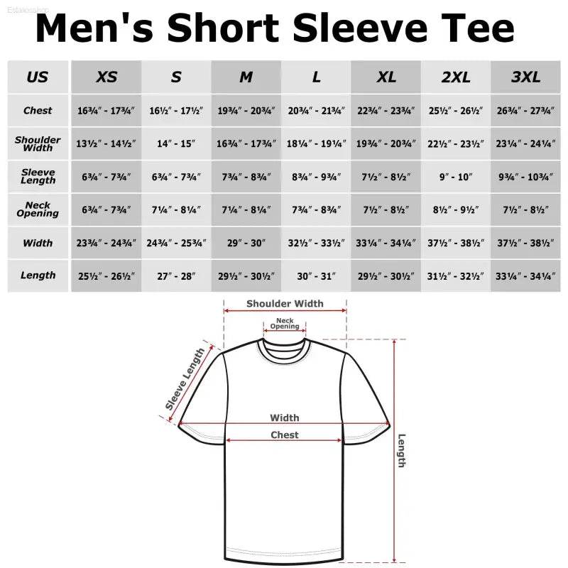 Men’s short sleeve tee size chart.