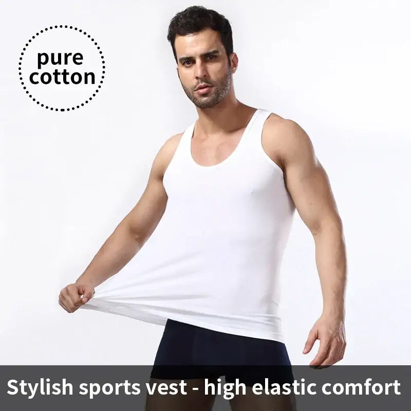 White cotton tank top from the Men’s Pure Cotton Vest & Underwear Set for sports training