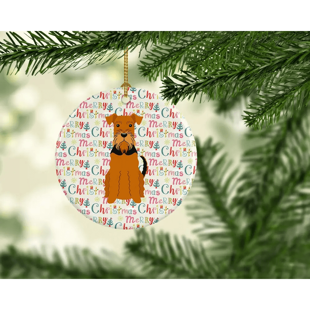 Merry Christmas Airedale Ceramic Ornament for Personalization - Estalios
