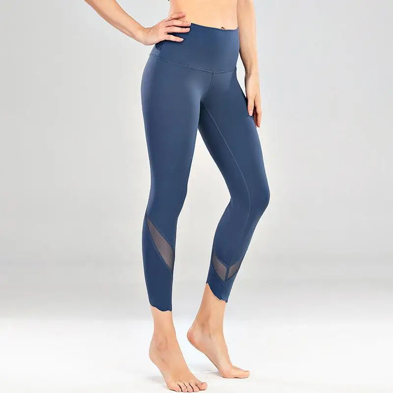 Blue Mesh Wave Yoga Pants with trendy mesh detail, perfect for running and gym workouts