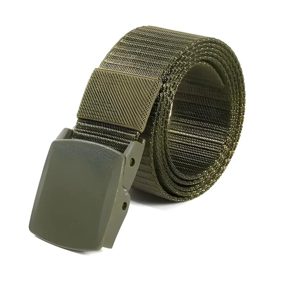 Olive green nylon web belt for men’s canvas belt with a plastic buckle metal-free design