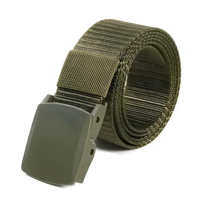 Olive green nylon web belt for men’s canvas belt with a plastic buckle metal-free design