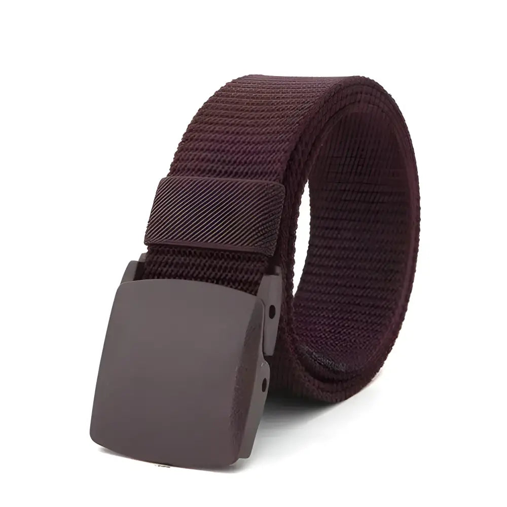 Brown men’s canvas belt with plastic buckle, perfect for a metal-free tactical look