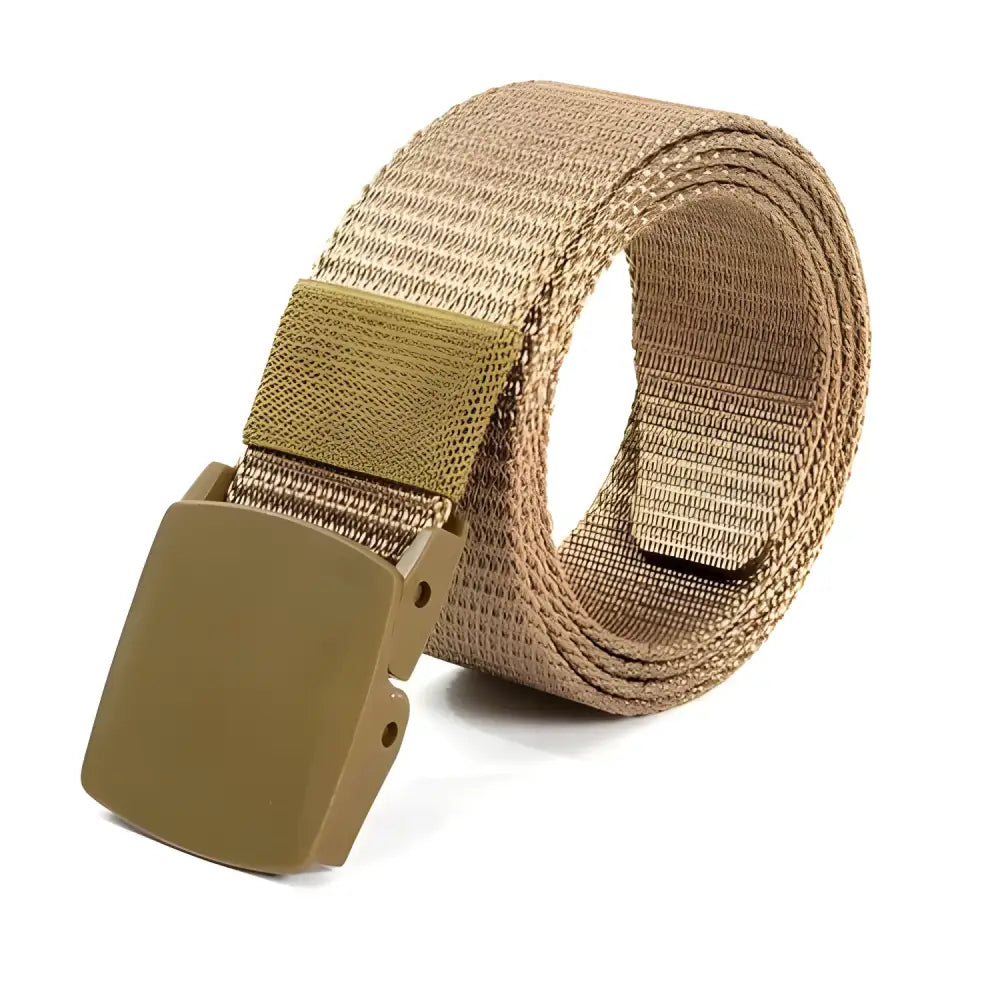 Khaki-colored men’s canvas belt with plastic buckle metal-free for tactical use