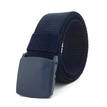 Navy blue men’s canvas belt with a plastic buckle, perfect for metal-free tactical use