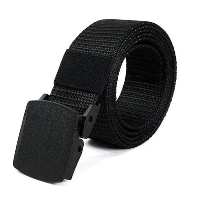 Black nylon web belt for men, featuring a plastic buckle metal-free design