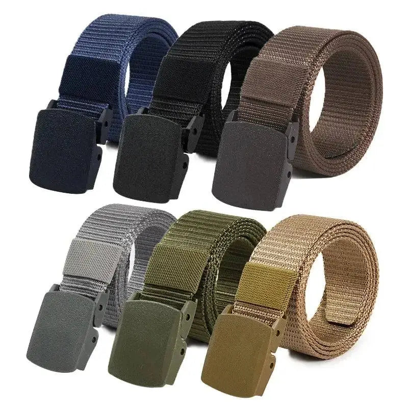 Assorted nylon web belts displayed as Metal-Free Tactical Web Belts for men with plastic buckle