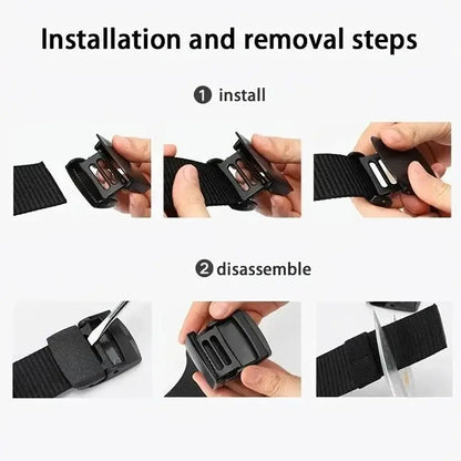 Installation and removal steps for a Black Strap on Metal-Free Tactical Web Belts for Men