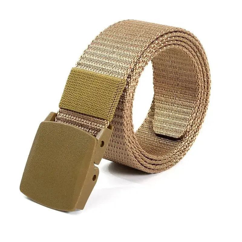 Khaki nylon web belt for men with a plastic buckle, perfect for tactical use