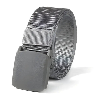 Gray woven belt with plastic buckle metal-free, perfect for men’s canvas belt style