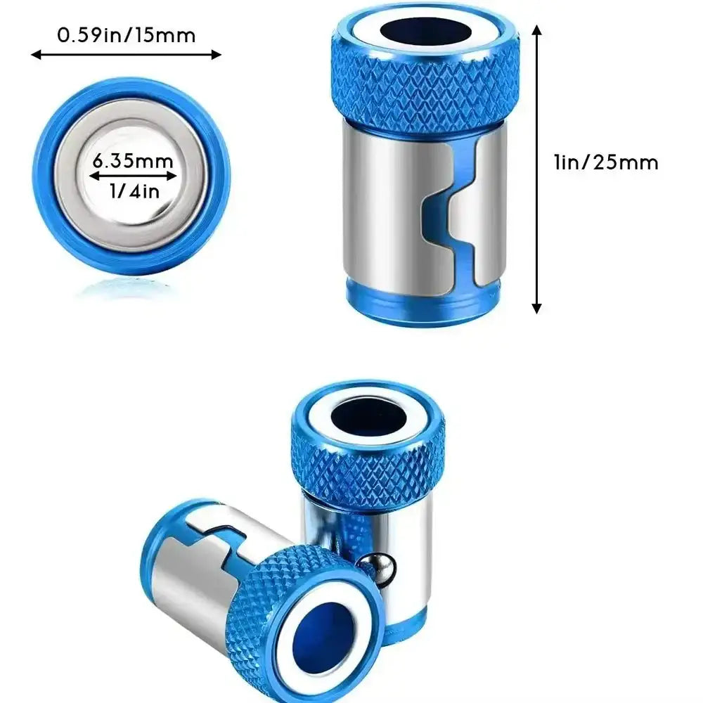 Blue and silver magnetic bit holder for Mighty Magnetic Screwdriver Bits with magnetic screw rings