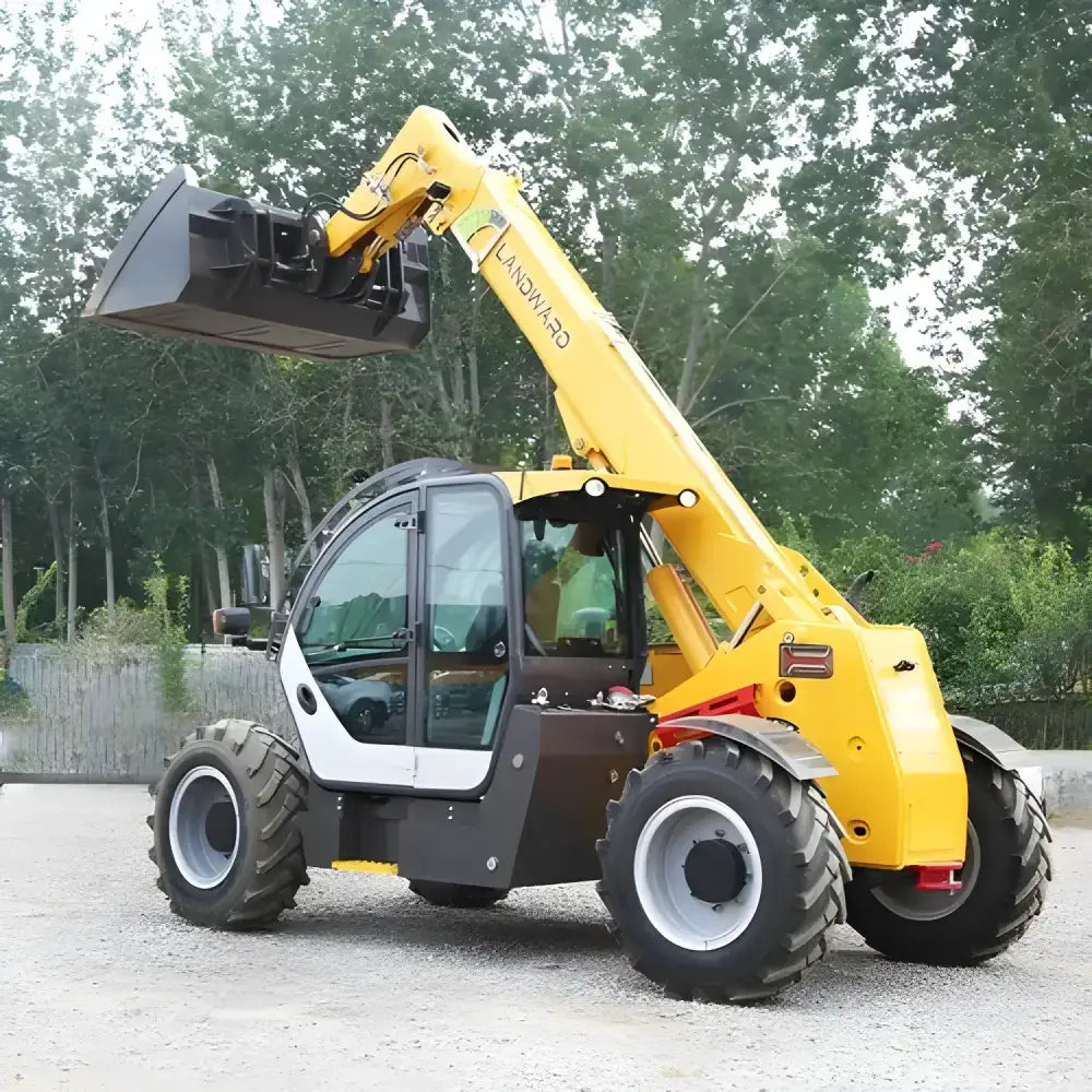 Yellow 4x4 telehandler forklift with bucket from Mighty Multifunction Small 4x4 series