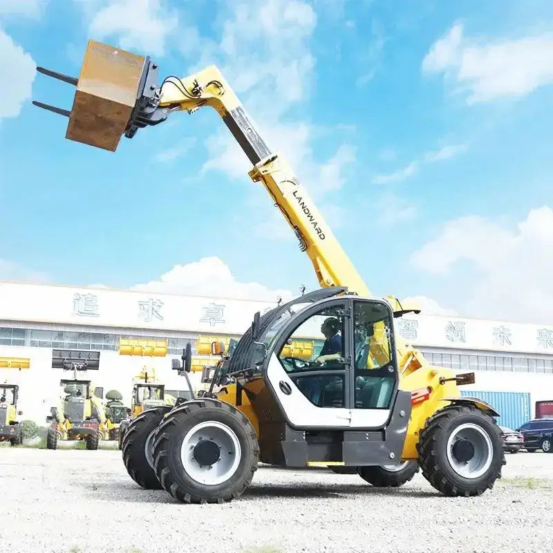 Yellow 4x4 telehandler forklift lifting a box, showcasing the Mighty Multifunction Small 4x4