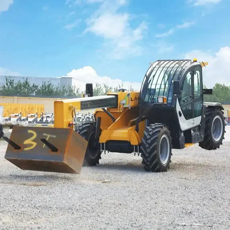 Yellow 4x4 telehandler forklift lifting metal block for heavy-duty tasks