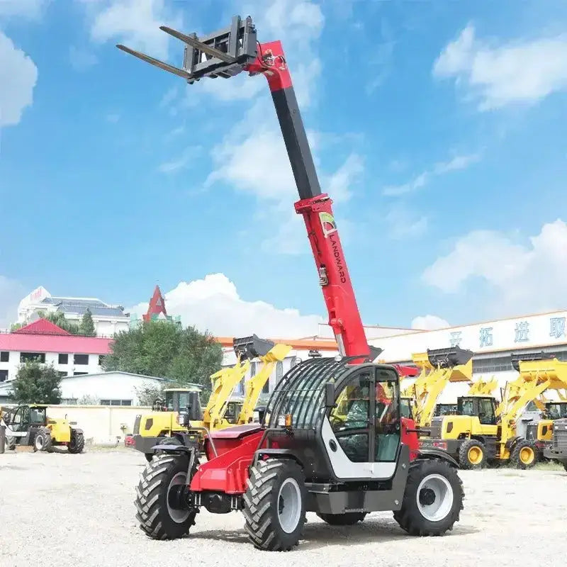 Red and white telescopic forklift showcasing Mighty Multifunction Small 4x4 Telehandler