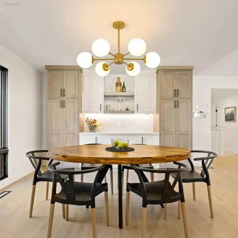 Gleaming Gold Sputnik Chandelier: Modern Globe Lights! Illuminate your Home with the Stunning Gold Chandelier, a Modern Masterpiece Featuring Six Frosted Globes - Estalios