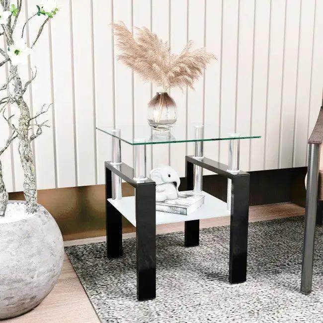 Sleek Modern Tempered Glass Two-Tier Tea Table with Shelf - Estalios