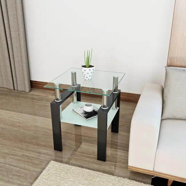 Sleek Modern Tempered Glass Two-Tier Tea Table with Shelf - Estalios