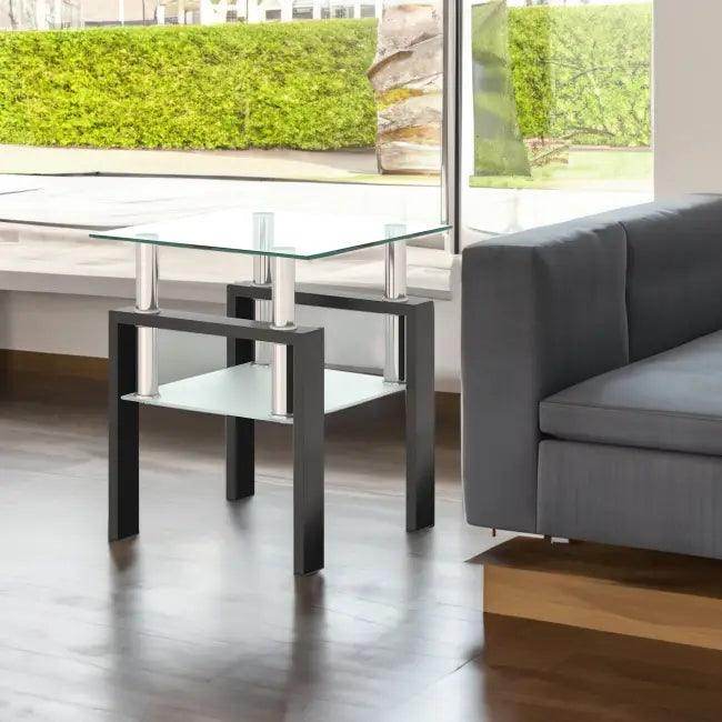 Sleek Modern Tempered Glass Two-Tier Tea Table with Shelf - Estalios