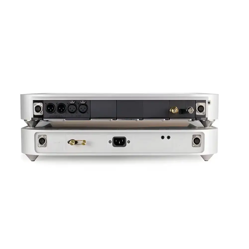 Rear view of Modular R2R Discrete Reference DAC showcasing silver audio equipment