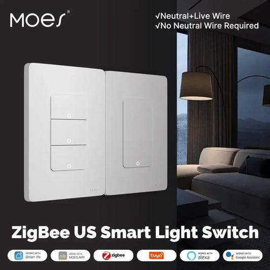 White MOES Tuya Zigbee Smart Switch for easy app remote control and Alexa integration