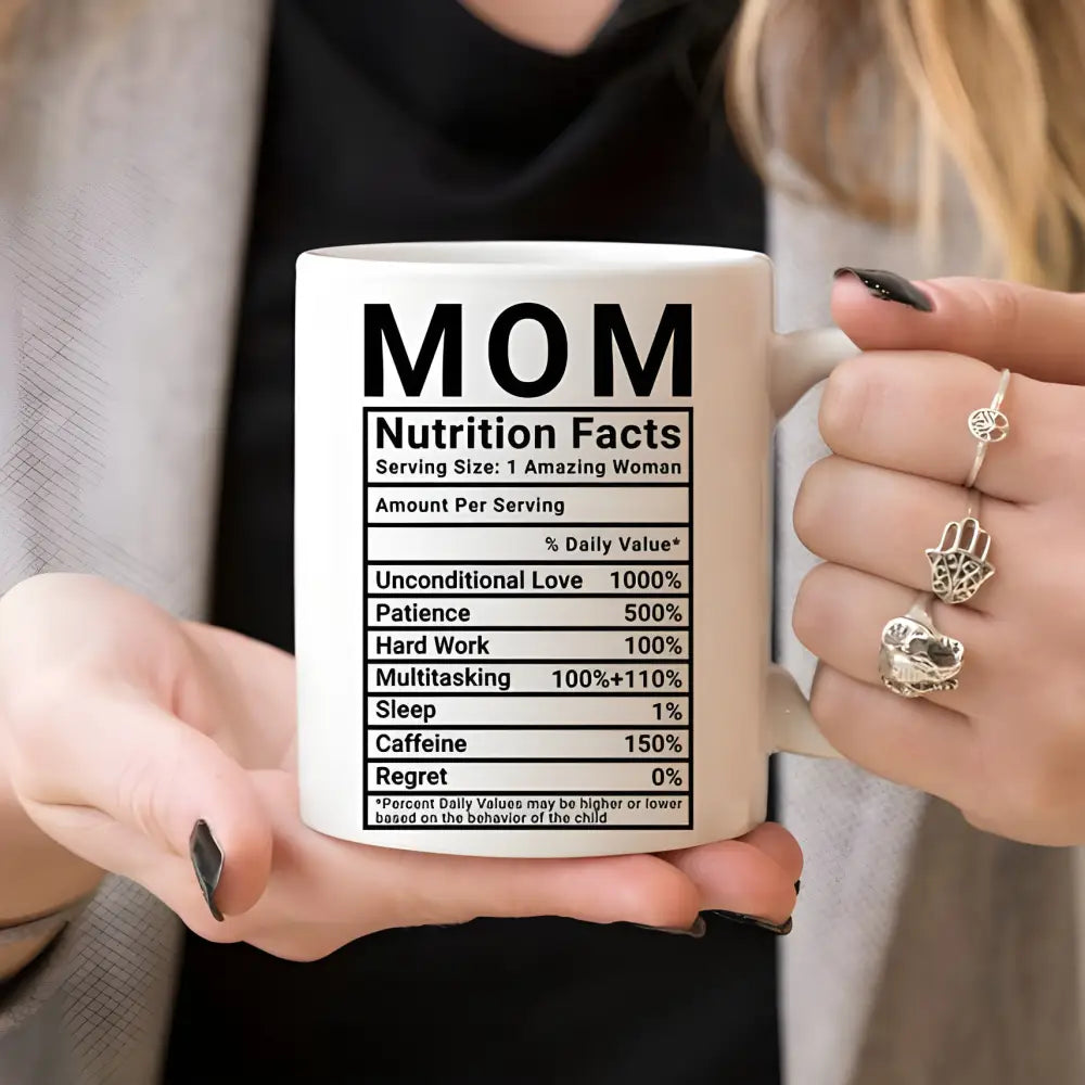 White mug with Mom Nutrition Facts label, great as a funny coffee mug for Mother’s Day