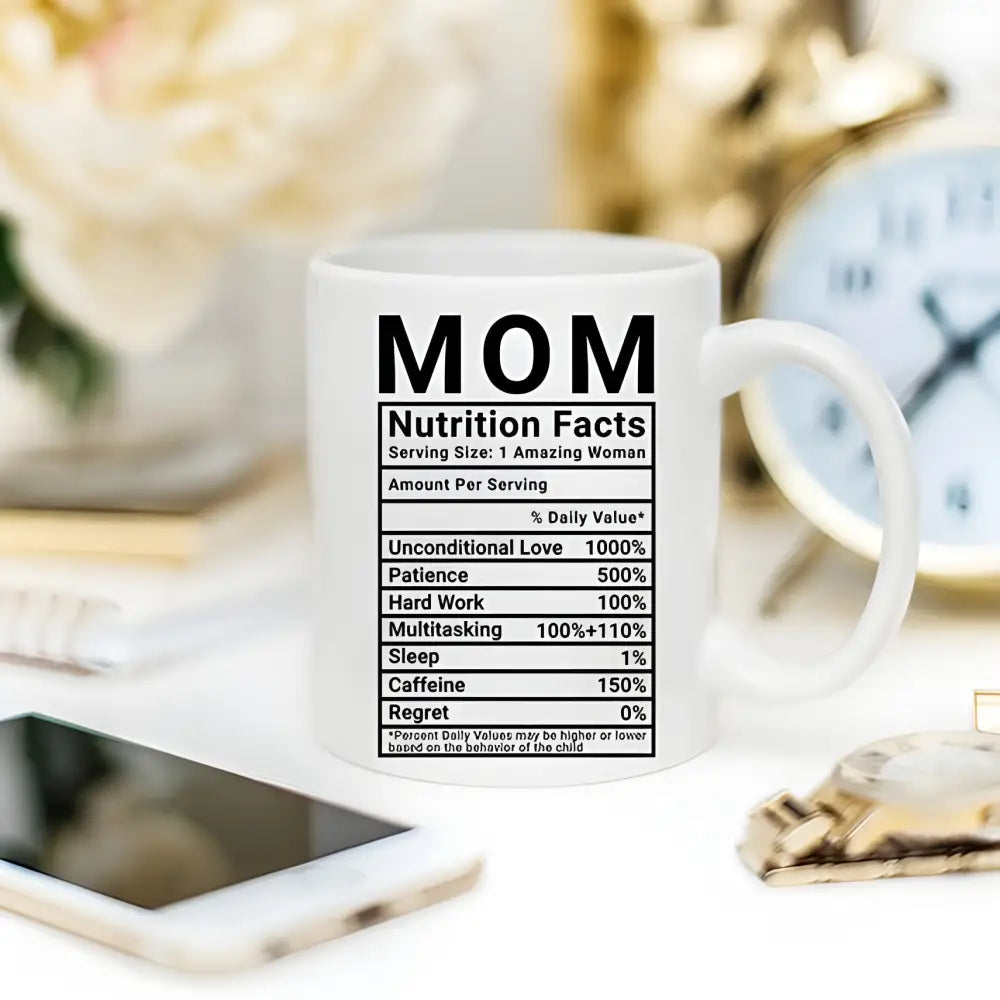 White mug featuring Mom Nutrition Facts, perfect as a Funny Coffee Mug for Mother’s Day