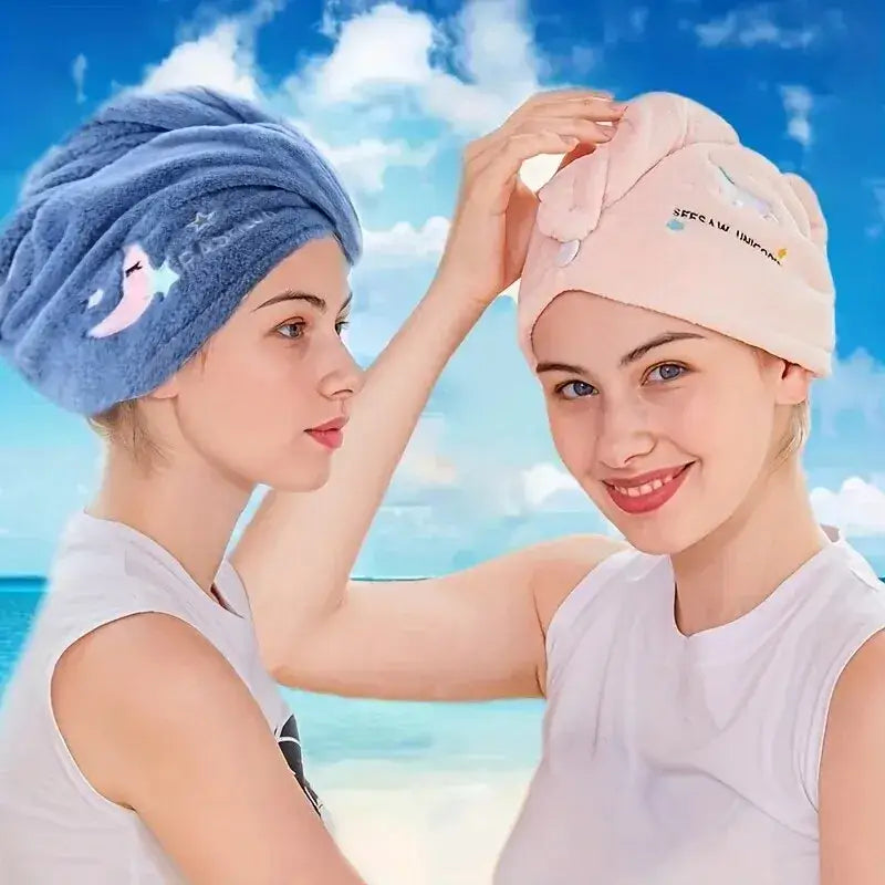 Two women using Moon & Star Hair Towels to quickly dry their hair