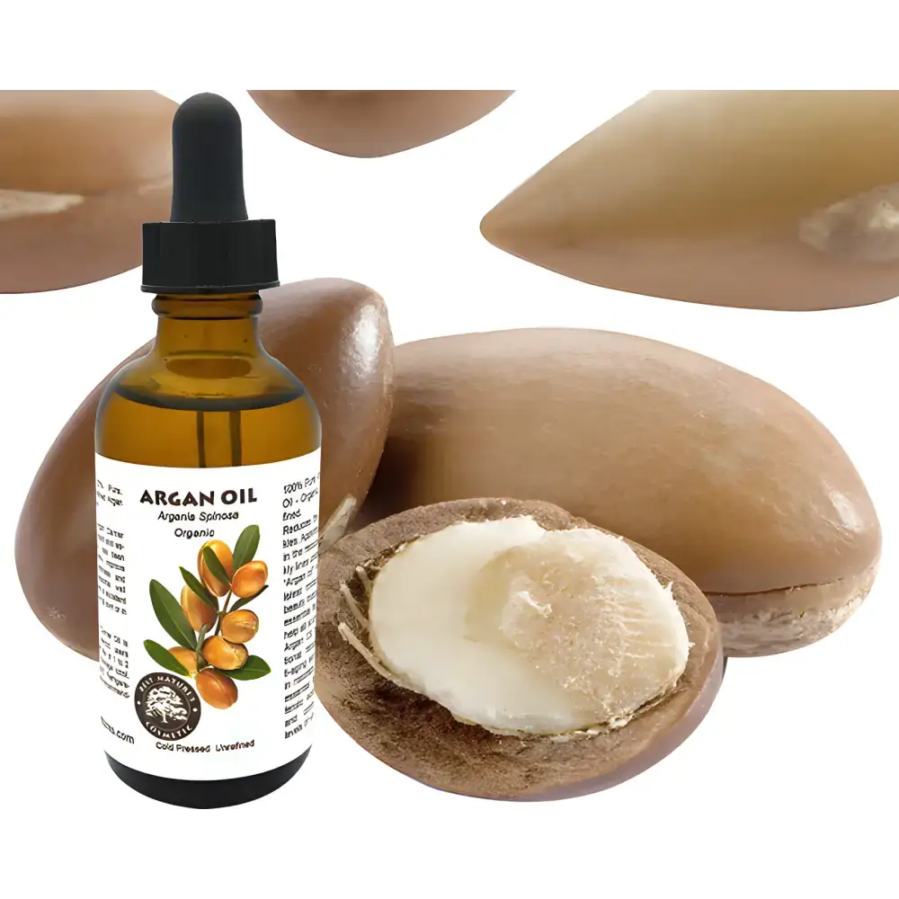 Pure virgin Moroccan Argan oil in a brown glass bottle for boosting skin elasticity