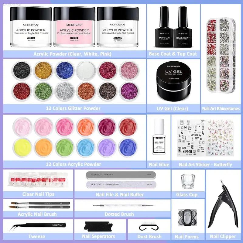 Morovan Professional Acrylic Nail Kit - Complete DIY Glitter Nail Extension Set for Beginners