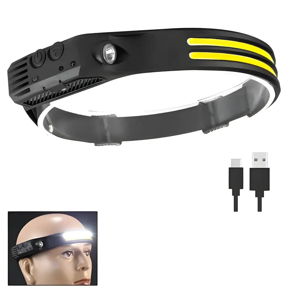 Black LED sensor headlamp with USB charging cable for easy camping adventures