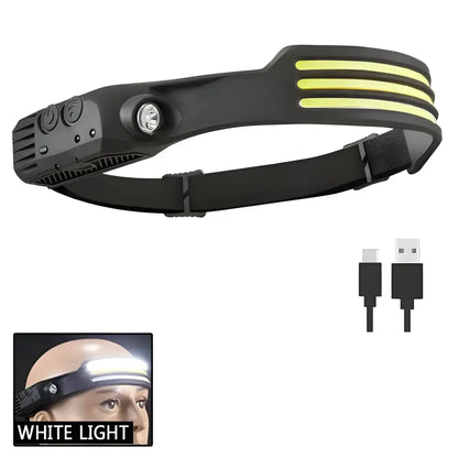 Black LED sensor headlamp with charging cable, perfect for camping adventures