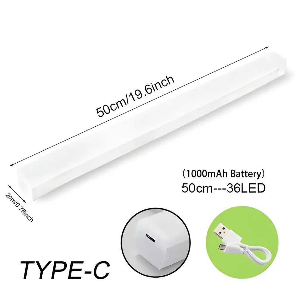 White LED light bar showcasing dimensions and charging port for Motion Light Deals