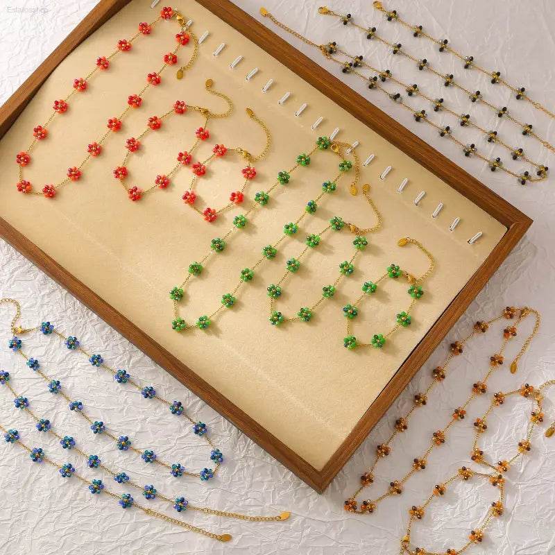 Colorful beaded flower necklaces.