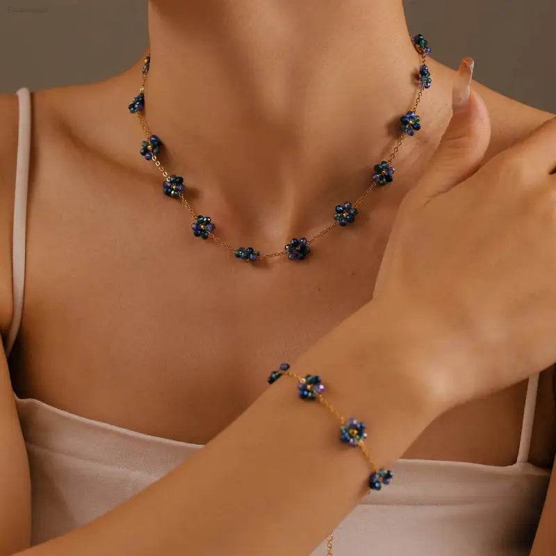 Blue flower necklace and bracelet set.