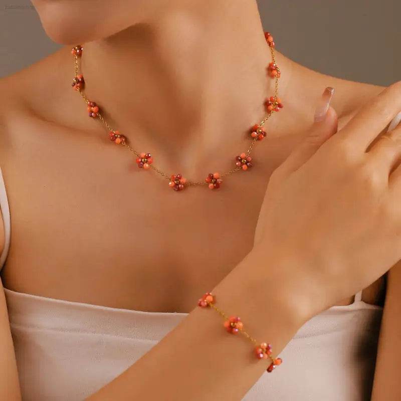 Coral flower necklace and bracelet set.