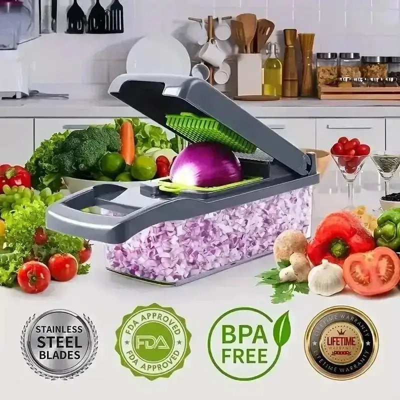 Multifunctional vegetable chopper with diced onion for quick meal prep