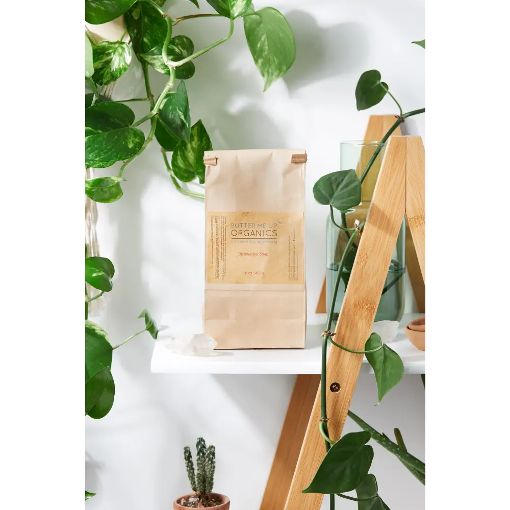 Brown paper bag of Natural Dishwasher Soap in Eco Bags for eco-friendly cleaning