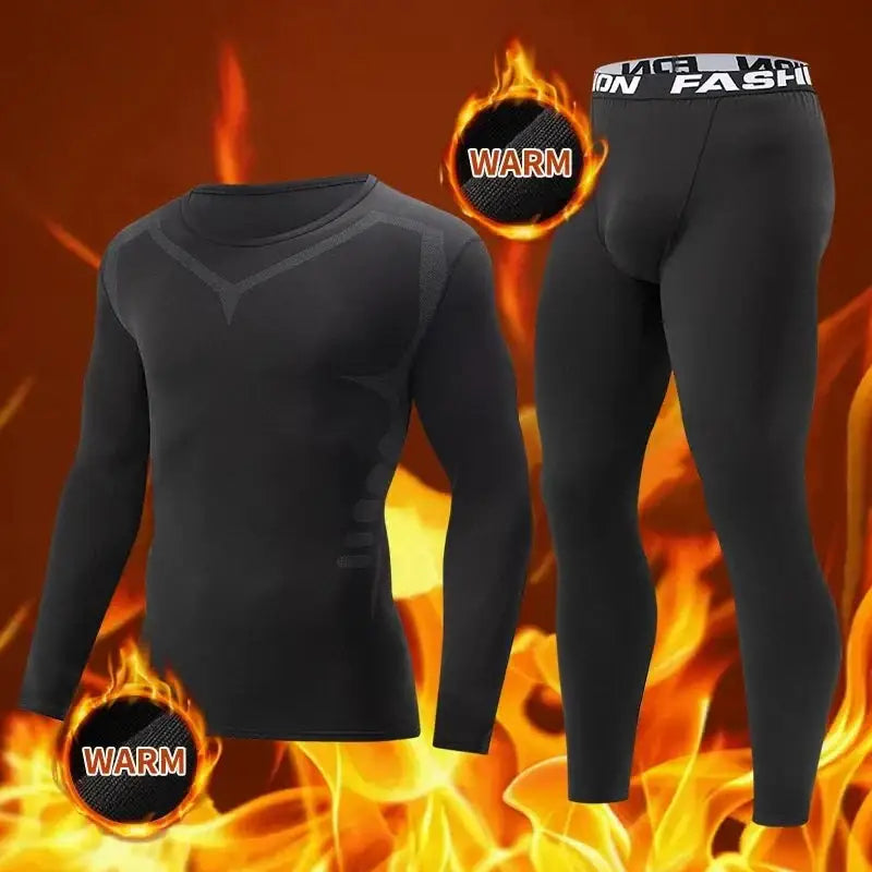 Black thermal underwear set in a Navy Blue 2-piece men’s tight thermal suit