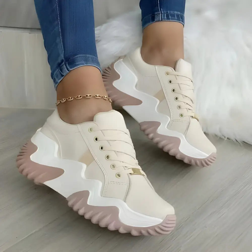 Beige and white platform sneakers, perfect breathable vulcanized women shoes for casual wear