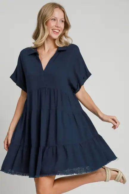 Wow Navy Blue Tiered Dress to Elevate Your Style - Estalios