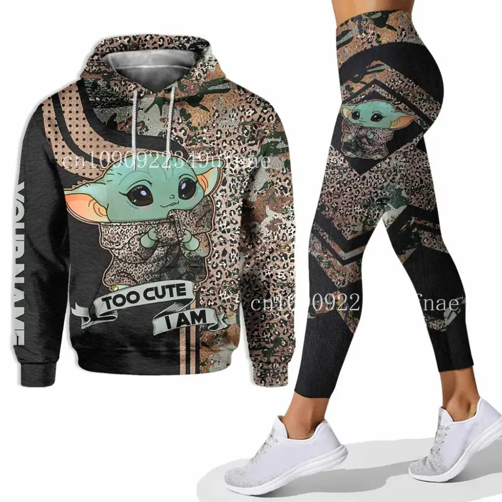 Stylish Baby Yoda 3D Hoodie and Mickey Yoga Pants set for trendy women sportswear