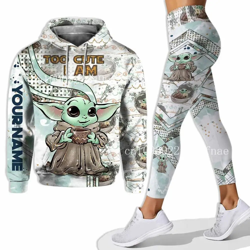 Cute Baby Yoda 3D Hoodie and Mickey Yoga Pants set for stylish, comfy sportswear