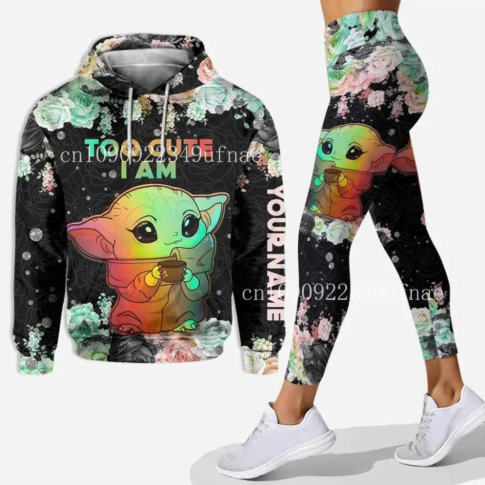 Baby Yoda 3D hoodie and Mickey yoga pants set for stylish, comfy sportswear