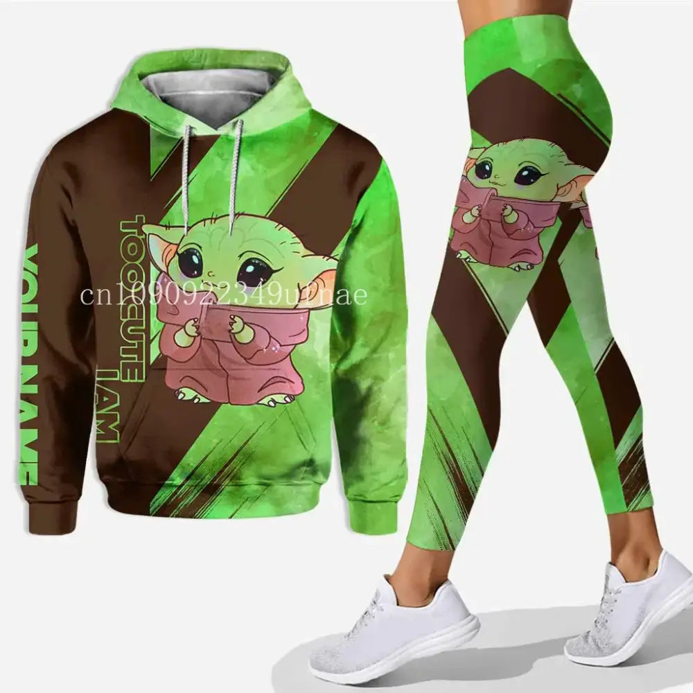 Cute Matching Grogu-themed Yoda 3D Hoodie and Mickey Yoga Pants for stylish workouts