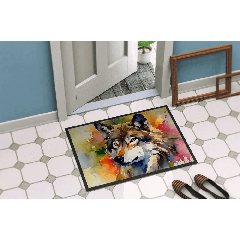 Unleash the Wild: Watercolor Wolf Doormat! Watercolor Wolf Doormat: Welcome Guests with Art! this Striking Watercolor Wolf Doormat - Estalios