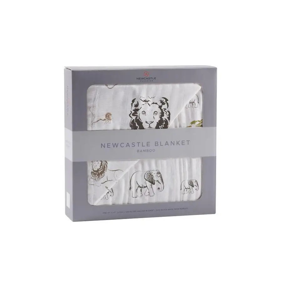 Newcastle Elephant Bamboo Baby Muslin Bundle with a cozy gray box and blanket inside